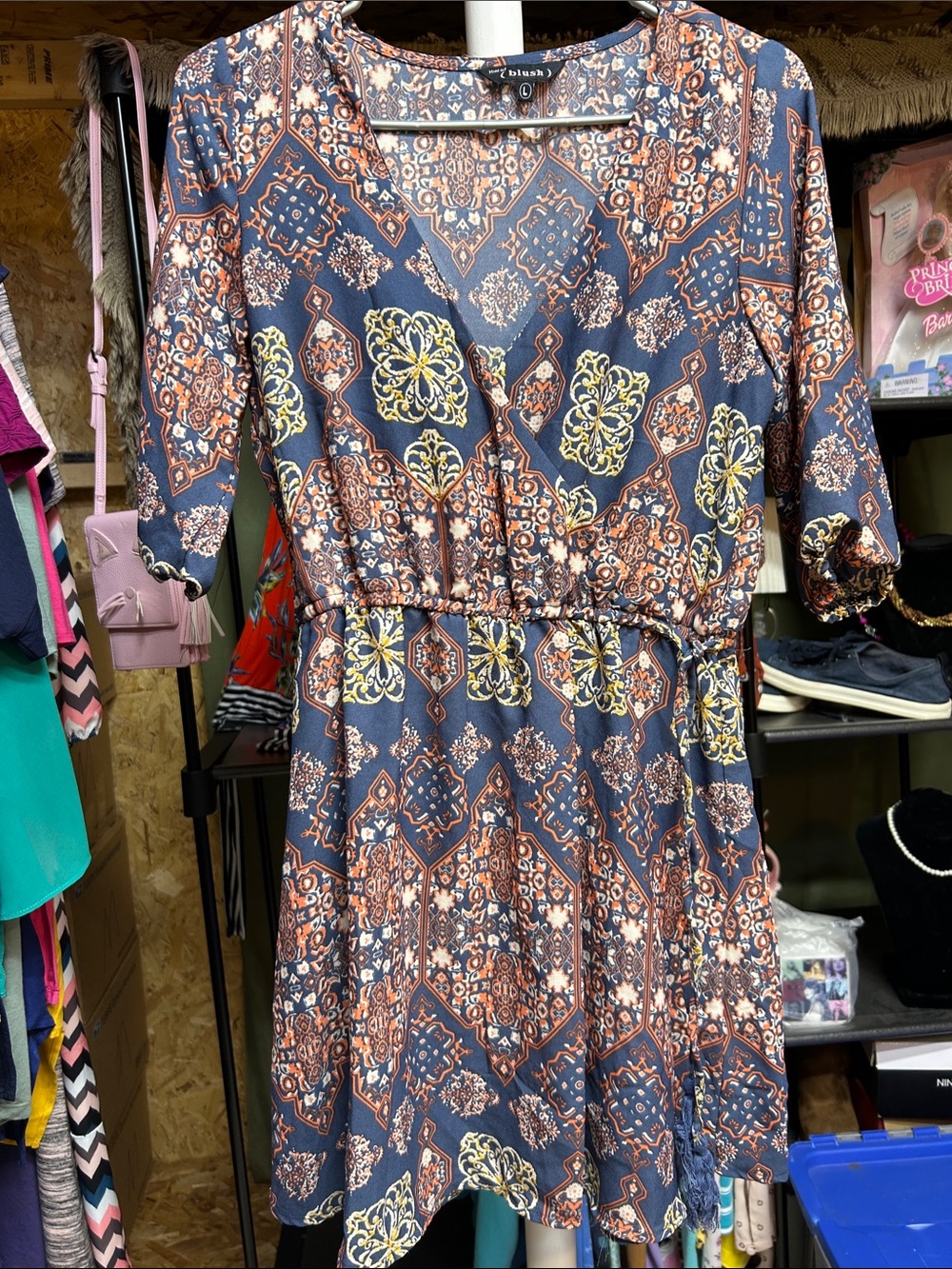 A Hint of Blush Navy Printed Faux Wrap-Front Mini Dress Size L
